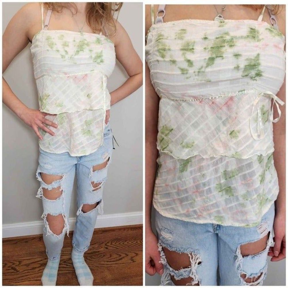 Women's Large Strap Camisole Halter Top Tie White Floral Tank Shirt